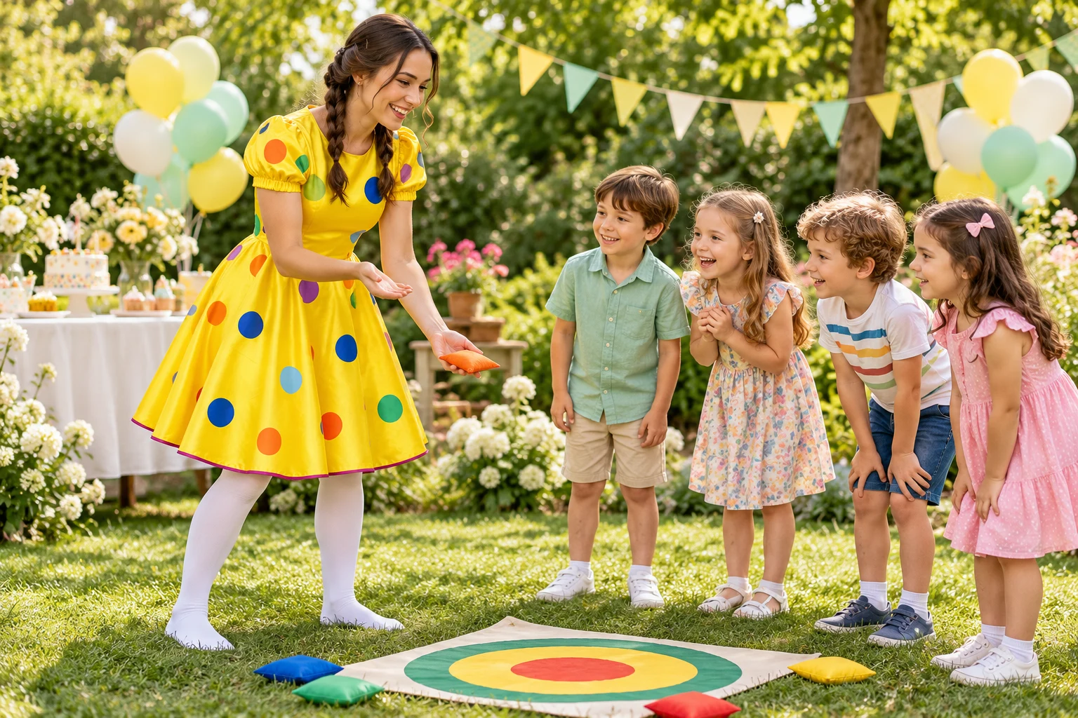Animatoare în rochie galbenă cu buline multicolore și dresuri albe, la un joc de aruncare la țintă pe covoraș.