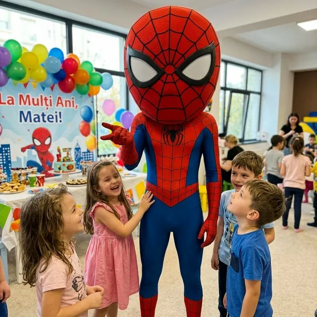 Mascotă Spider-Man cu cap supradimensionat, corp roșu/albastru și copii alături.