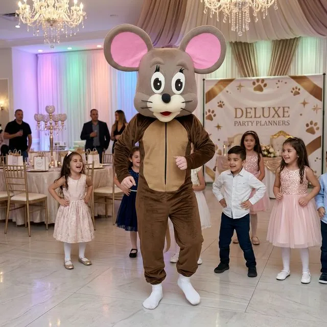 Mascotă de șoricel cu cap mare gri/maro, urechi rotunde roz și costum maro, într-un salon.