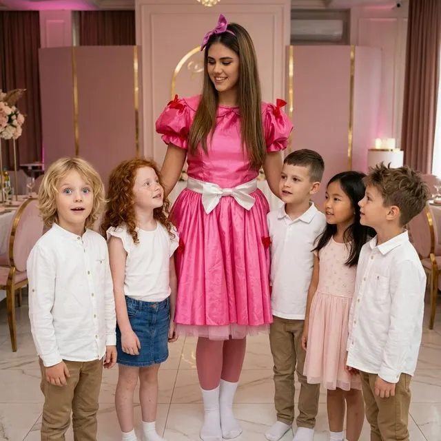 Animatoare în rochie scurtă roz cu fundă albă la talie și bentiță roz, lângă copii.