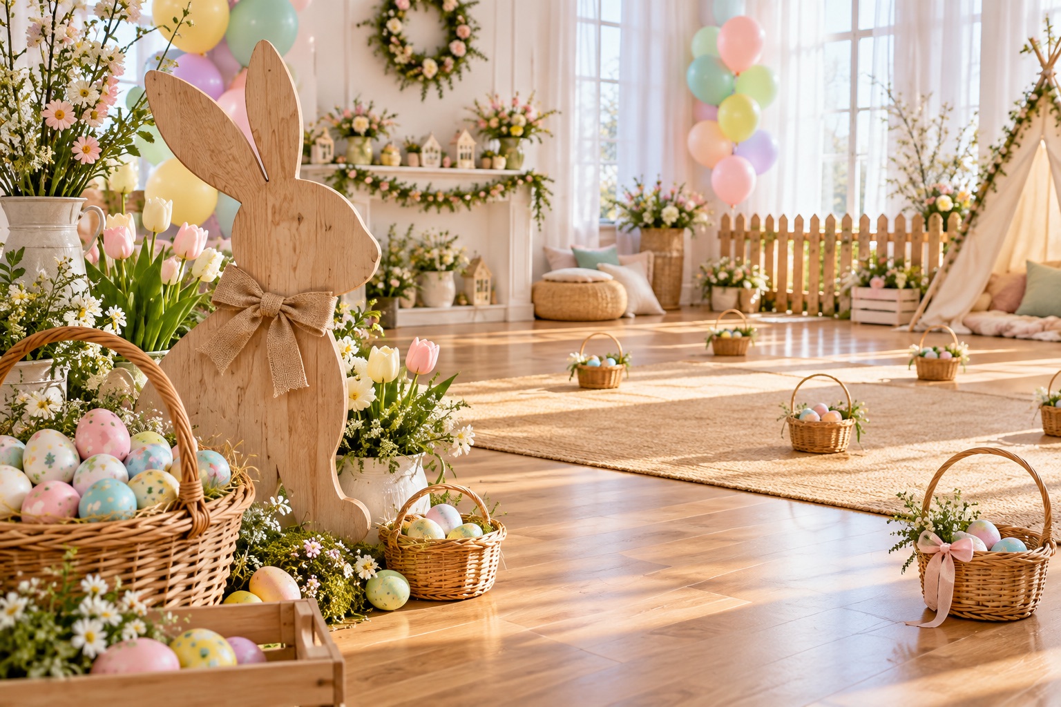 Ilustrație: decor de Paște cu siluetă de iepuraș, coșulețe cu ouă colorate și spațiu pentru activități.